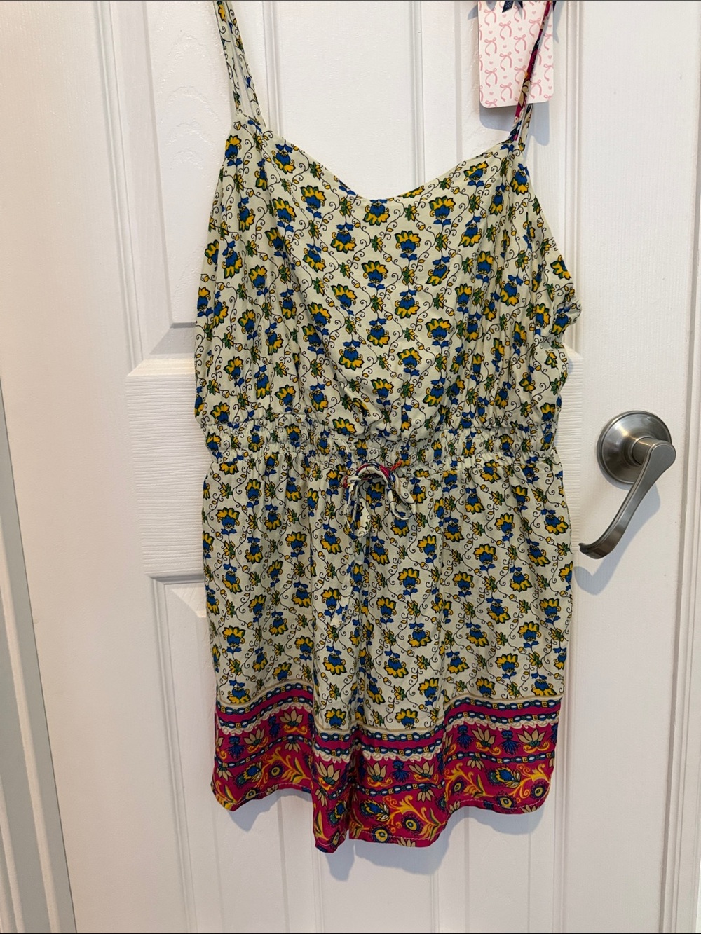 Floral Border Print Spaghetti Strap romper Blue & Yellow